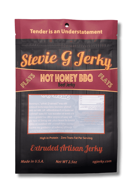 Hot-Honey BBQ Beef Jerky Flats product packaging