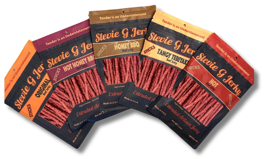 five packs of beef sticks on a white background
