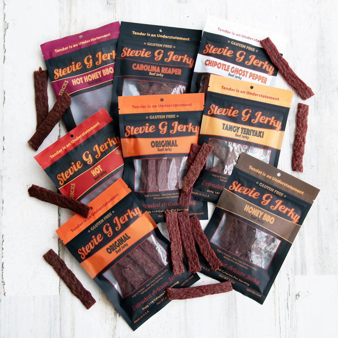 The Jerky Line-Up beef jerky gift set with all 8 flavors, Stevie G Jerky