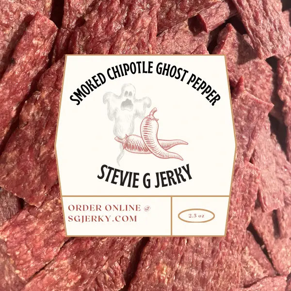 front of stevie g's beef jerky smoked chipolte ghost pepper bag