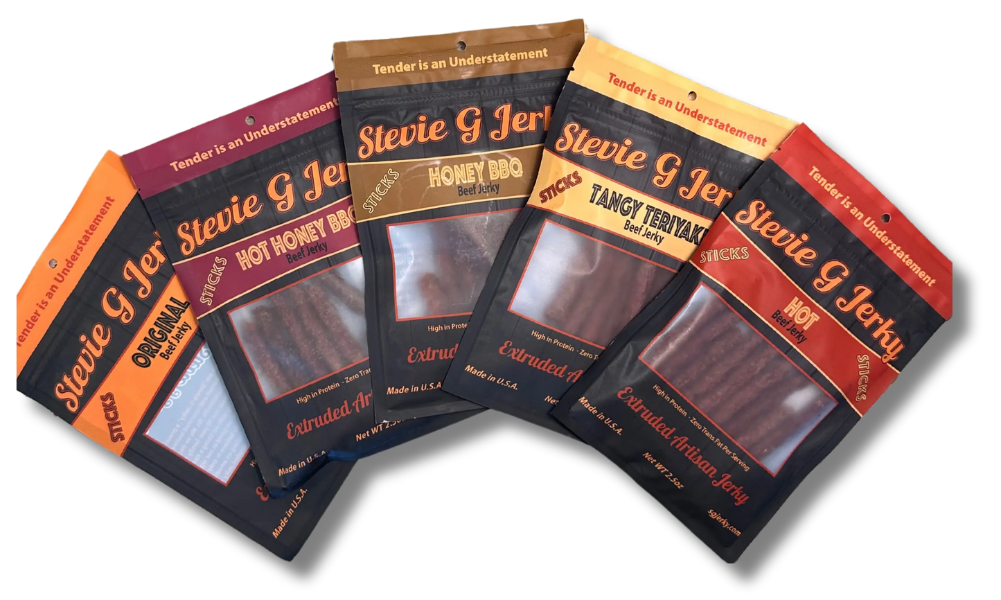 Five distinct flavors of beef jerky in the Variety Bundle