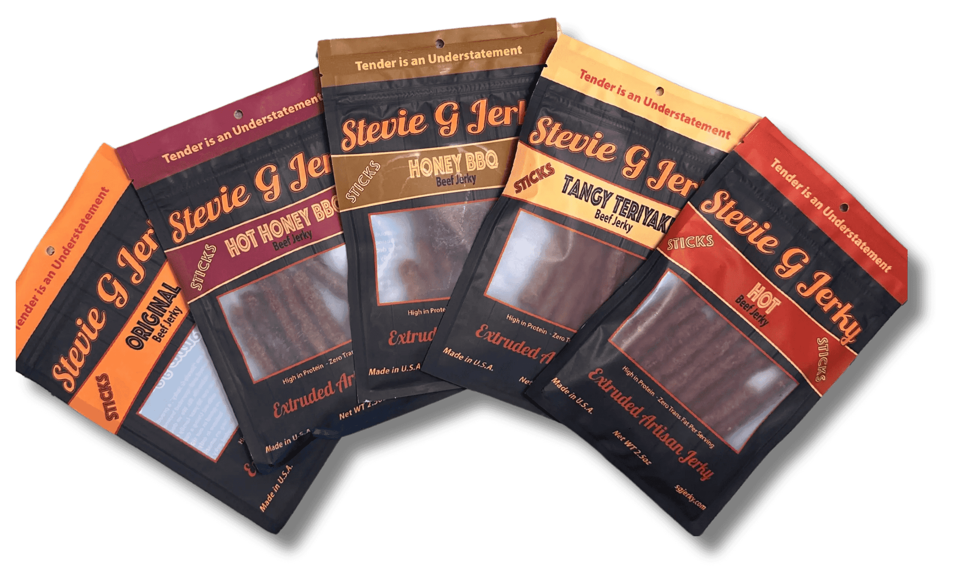 Five distinct flavors of beef jerky in the Variety Bundle