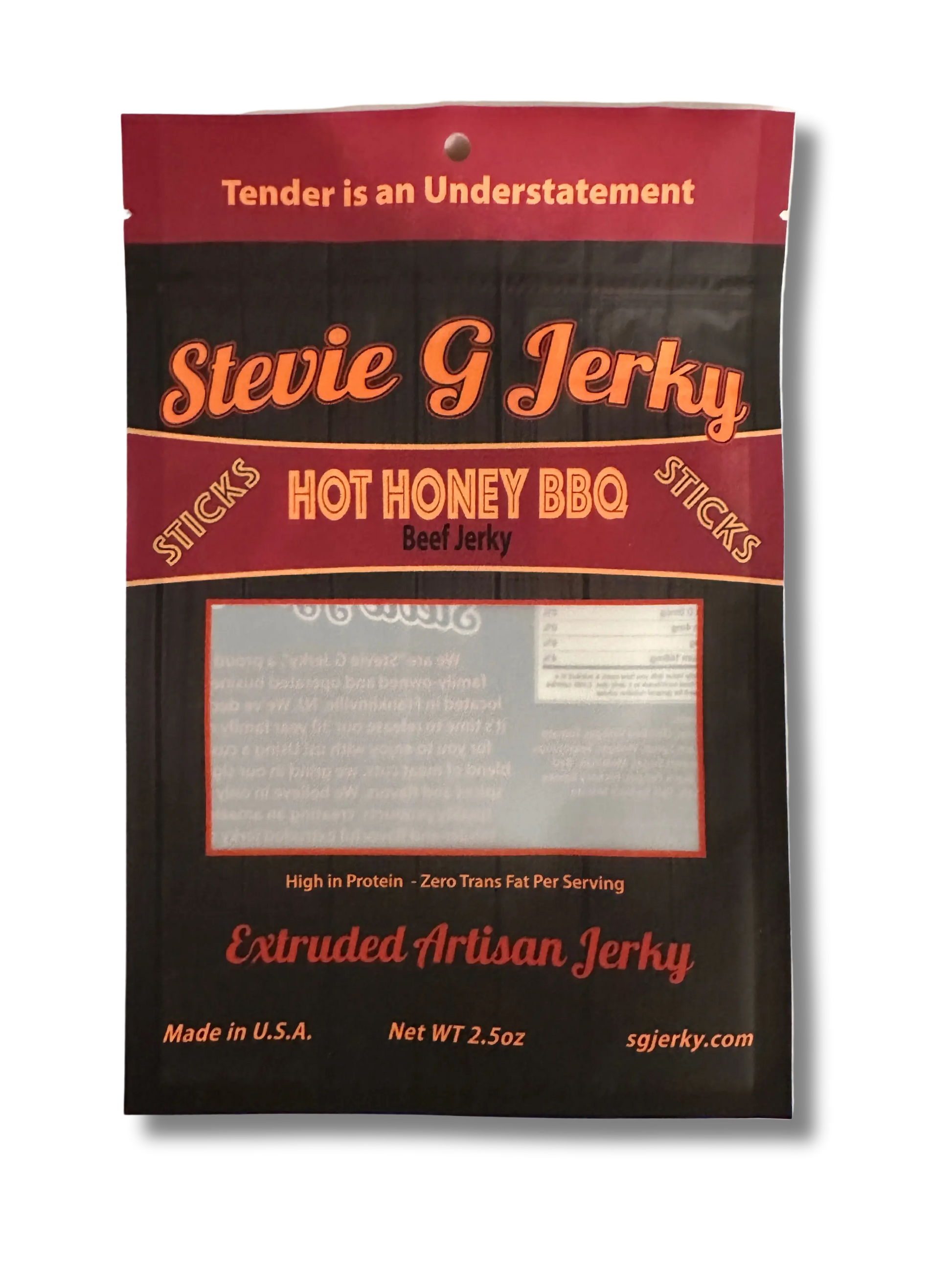 front of stevie g's beef jerky hot honey bbq sticks bag