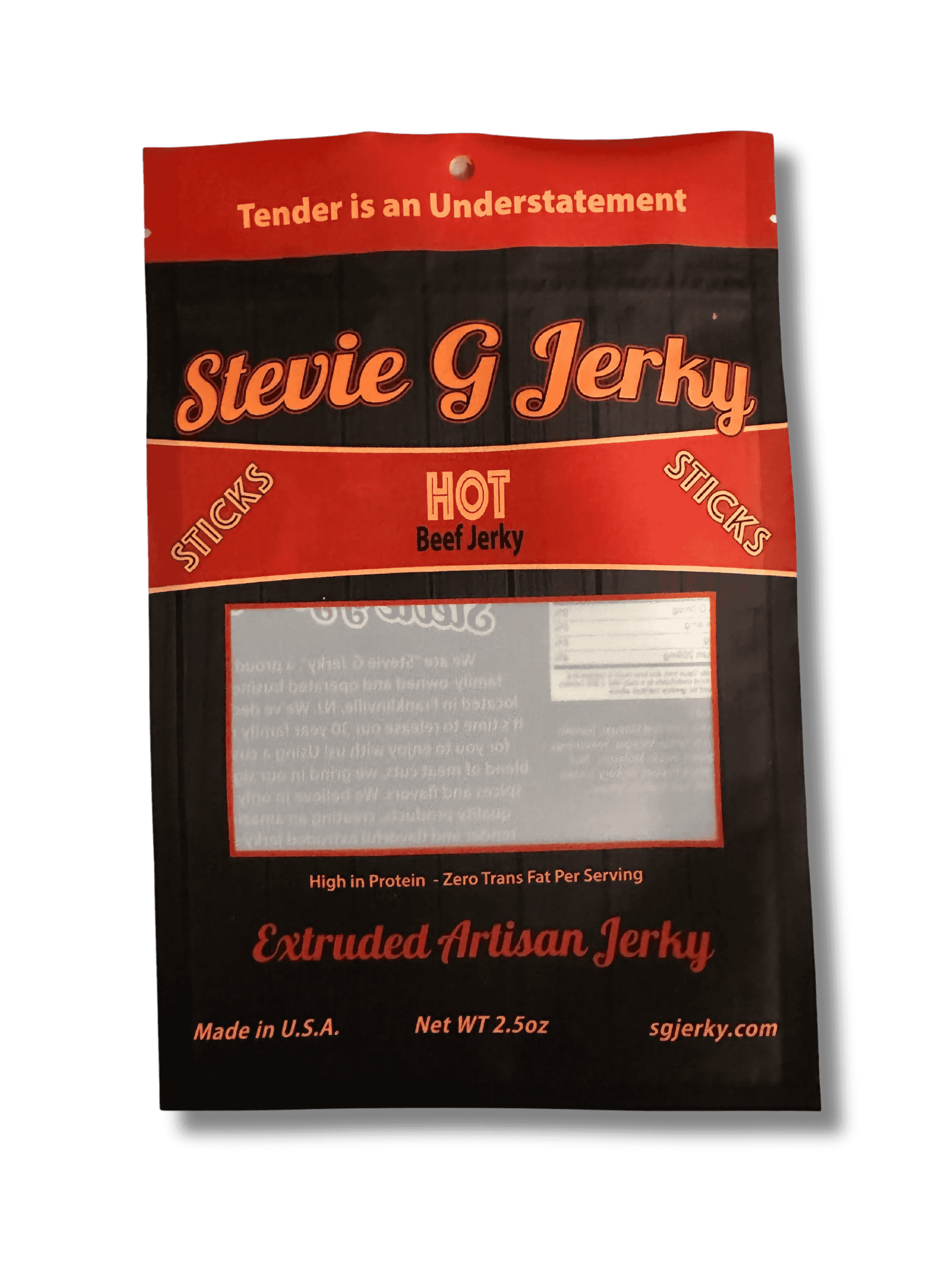 front of stevie g's beef jerky hot sticks bag