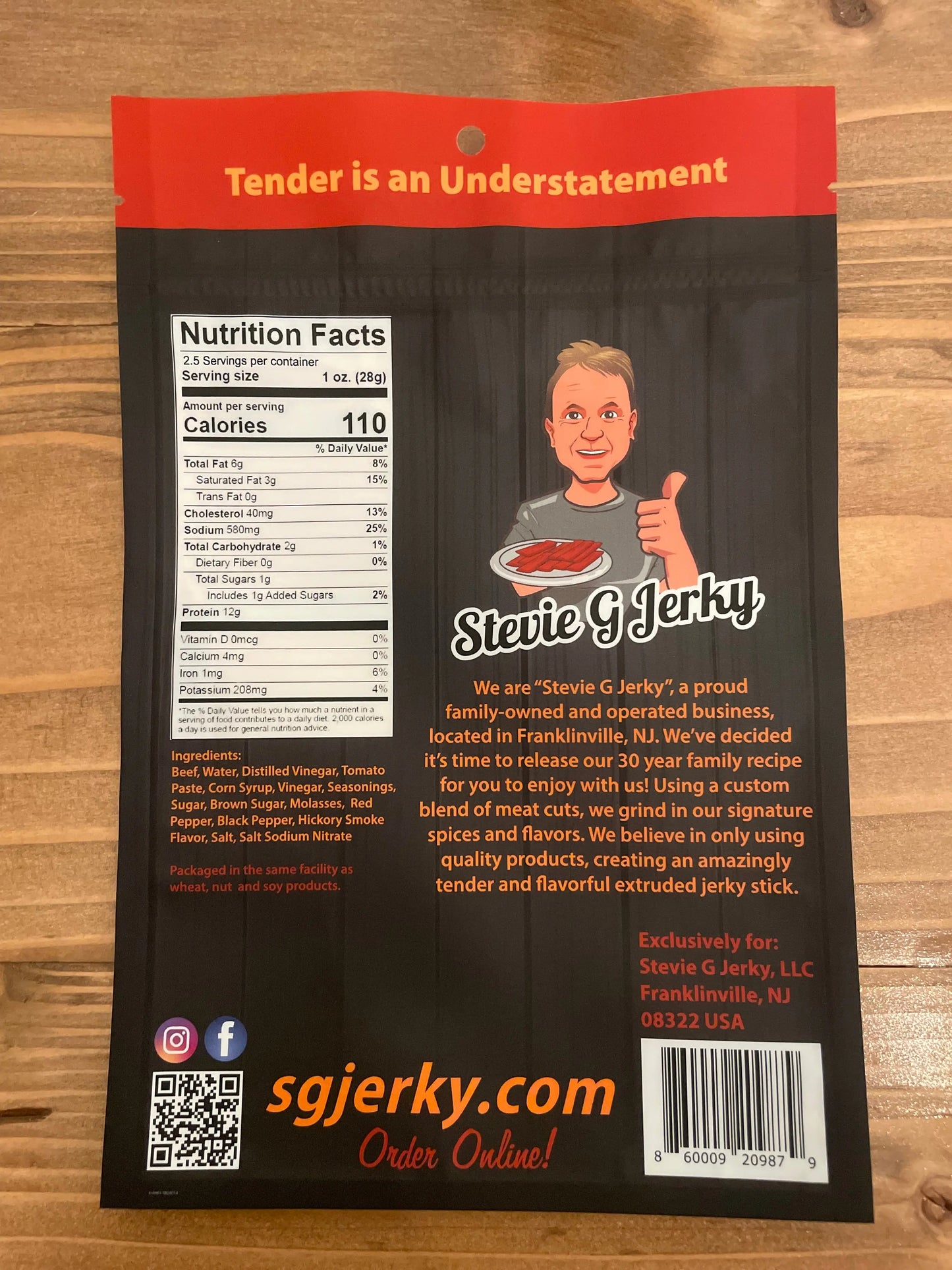 Hot Beef Jerky Flats product package nutrition facts