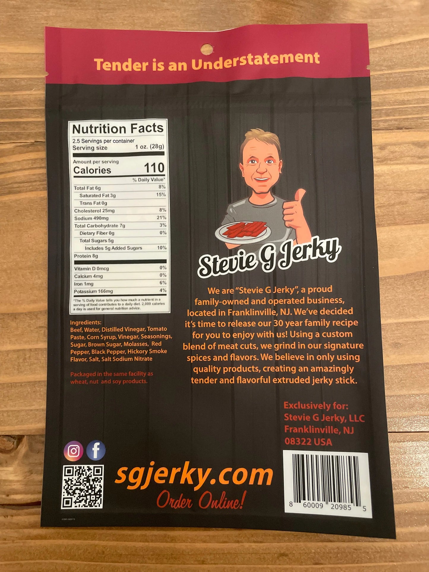 Packaging of Hot-Honey BBQ Beef Jerky Sticks by Stevie G Nutrition Facts