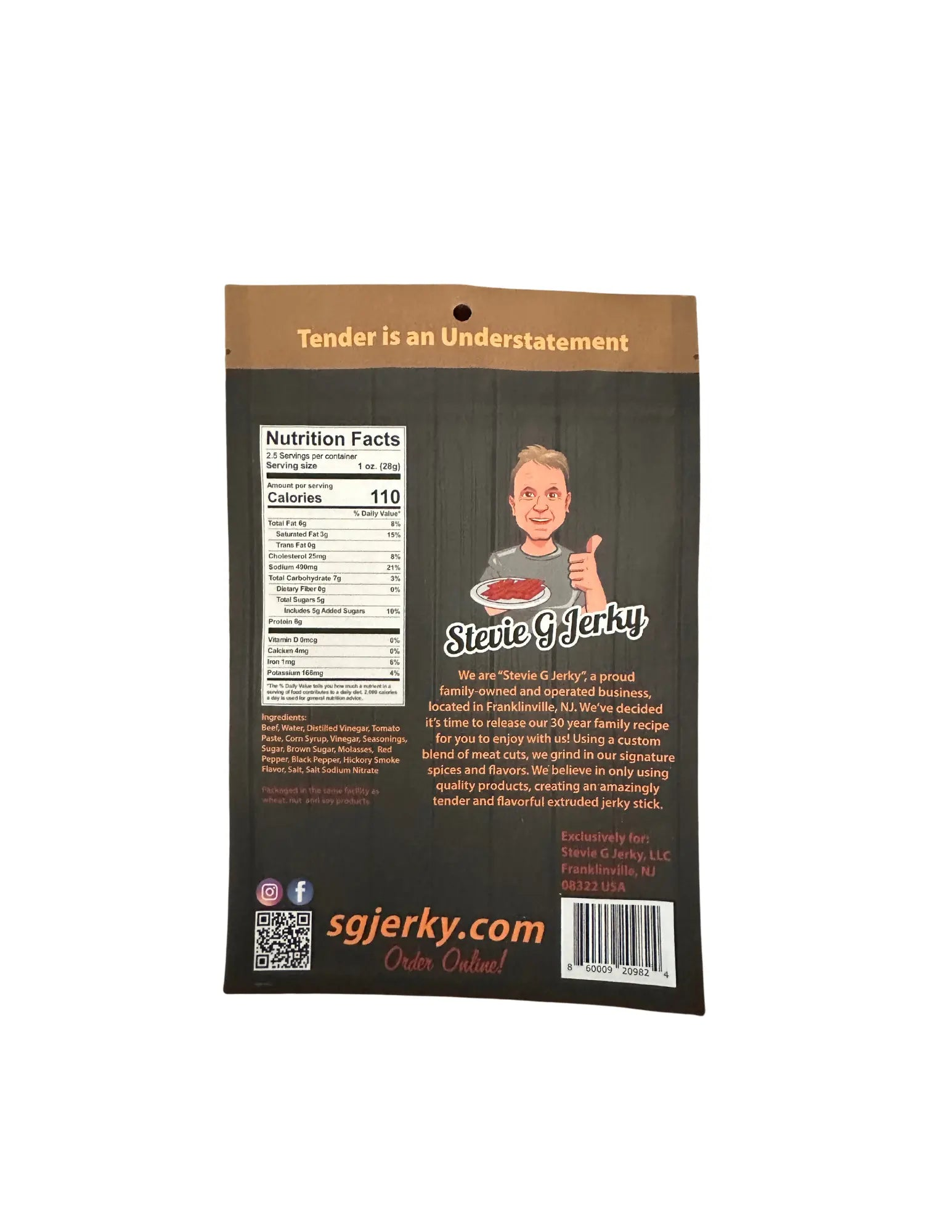 back of stevie g's beef jerky honey bbq sticks bag