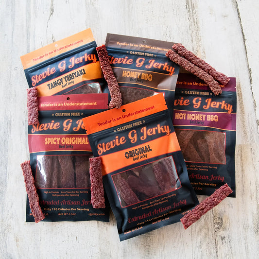 Stevie G Jerky Variety Pack: Original, Spicy Original, Honey BBQ, Hot Honey BBQ and Teriyaki beef jerky bags