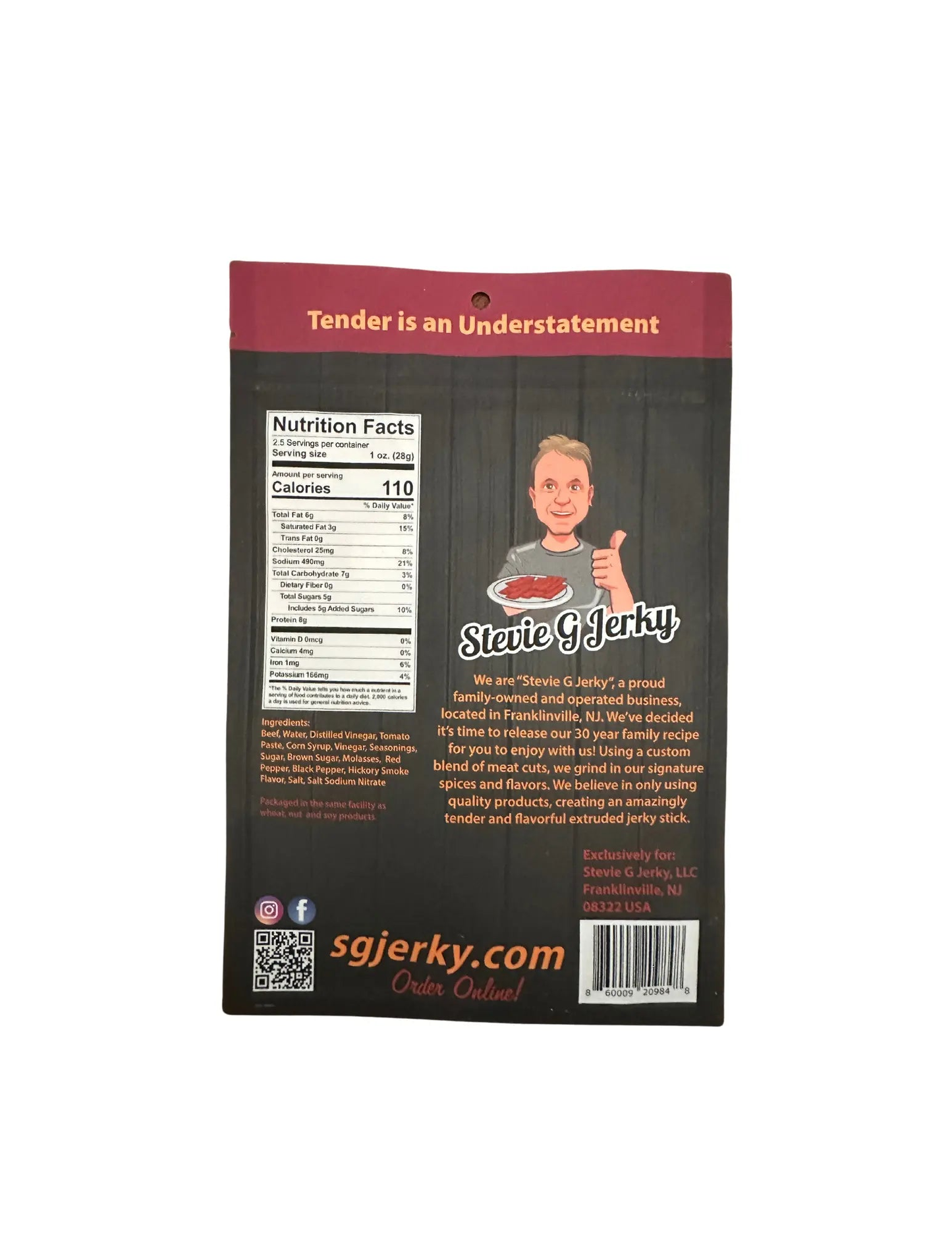 back of stevie g's beef jerky hot honey bbq sticks bag