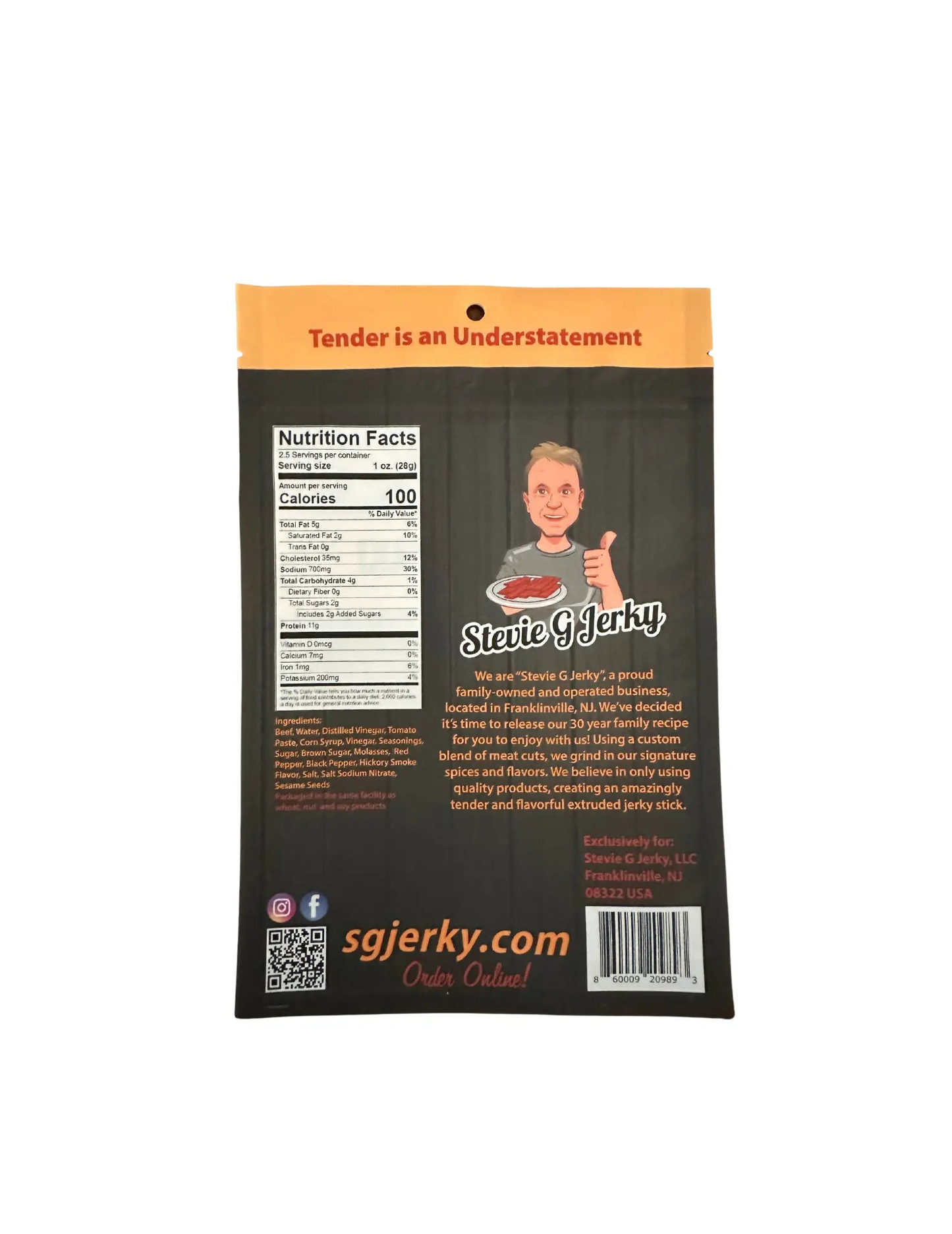 back of stevie g's beef jerky teriyaki sticks bag