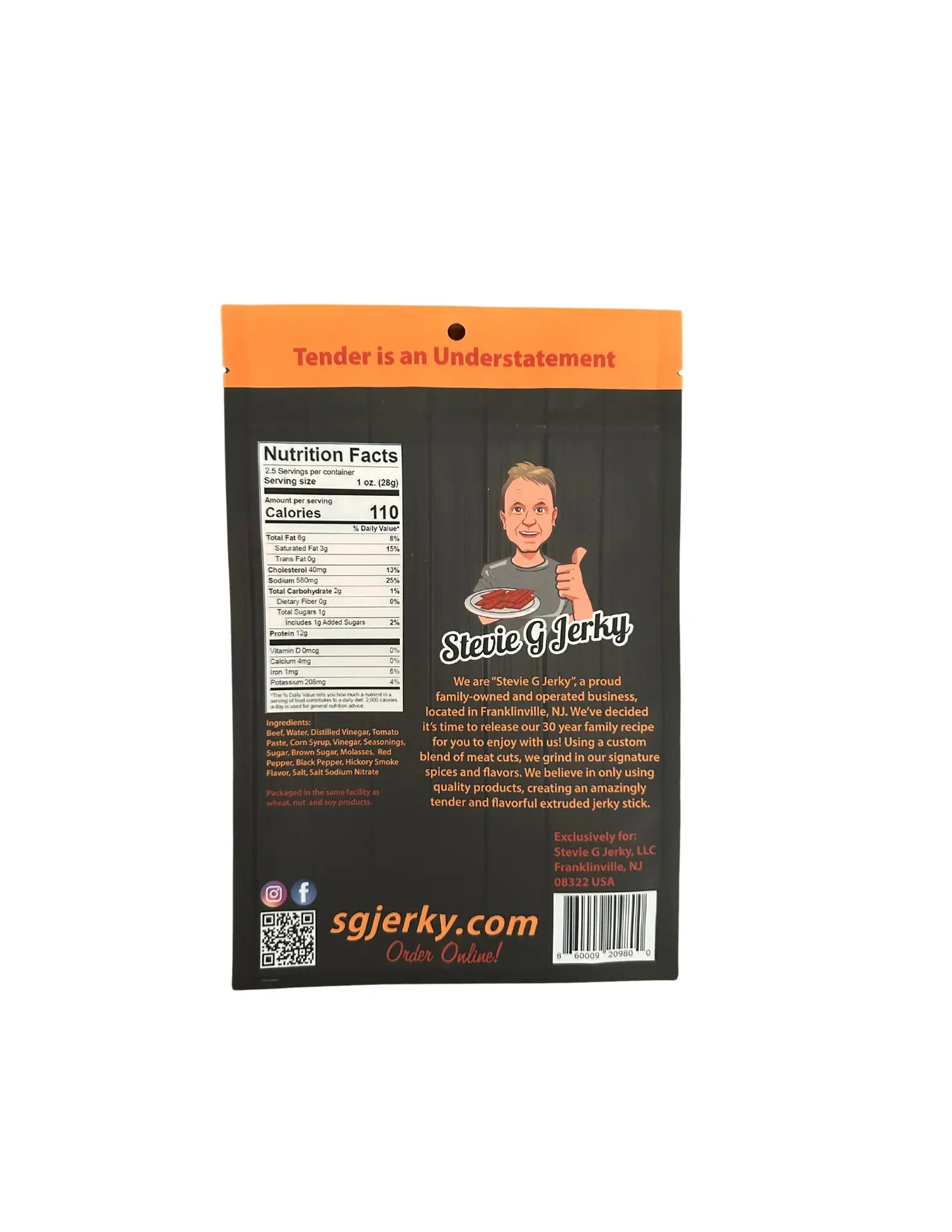 back of stevie g's beef jerky original sticks bag