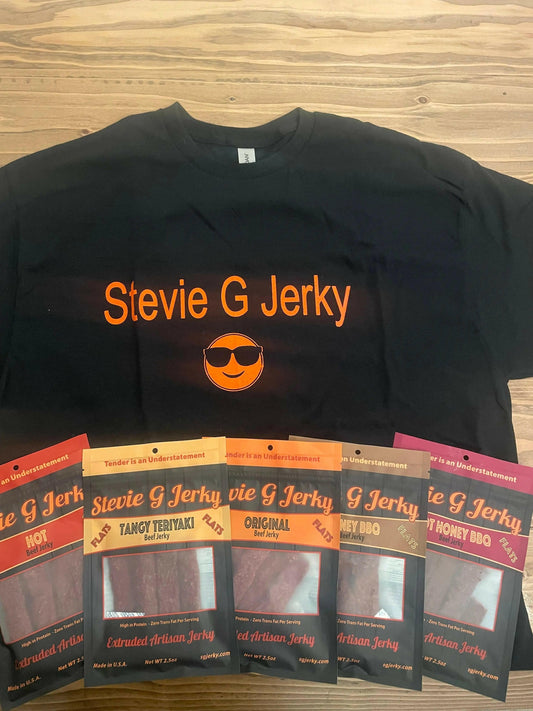 Jerky Fan Gift Set: Stevie G Jerky T-shirt with four bags of beef jerky