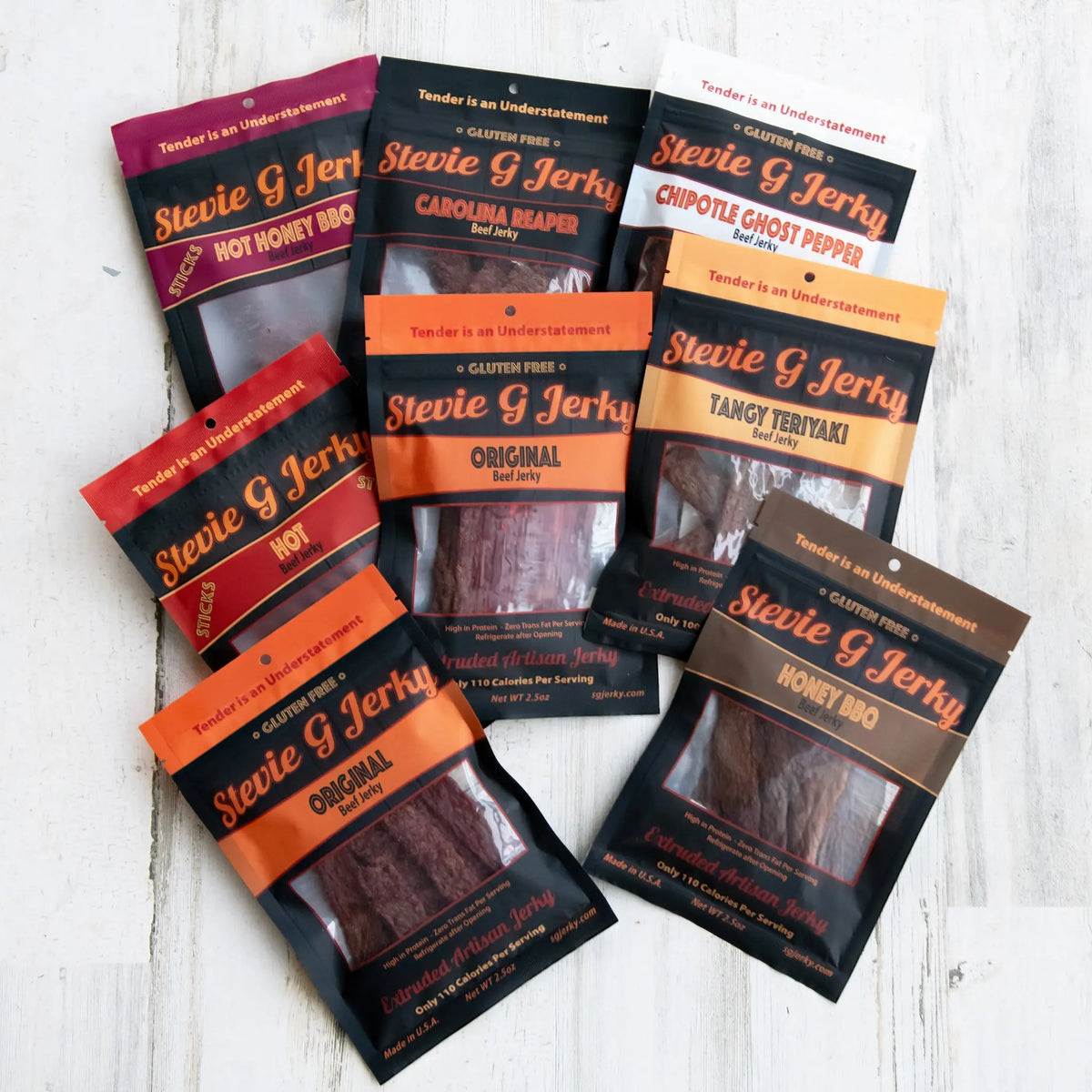 Assorted Stevie G beef jerky bags for offices and teams