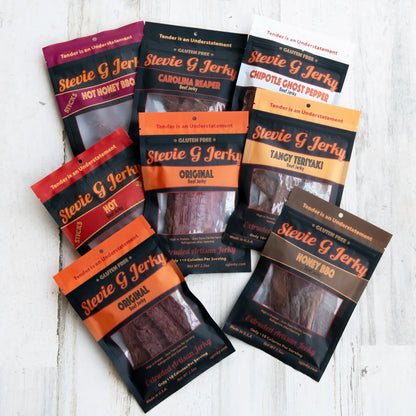Assorted Stevie G beef jerky bags for offices and teams