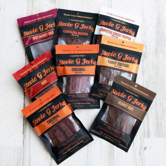 Assorted Stevie G beef jerky bags for offices and teams