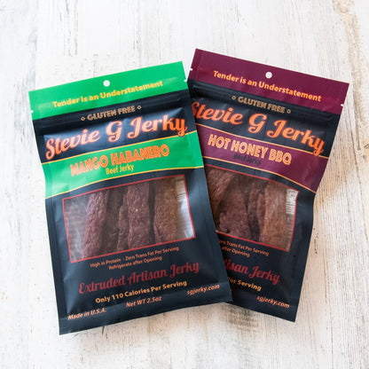 Sweet Heat 4-Pack: Hot Honey BBQ and Mango Habanero beef jerky bags