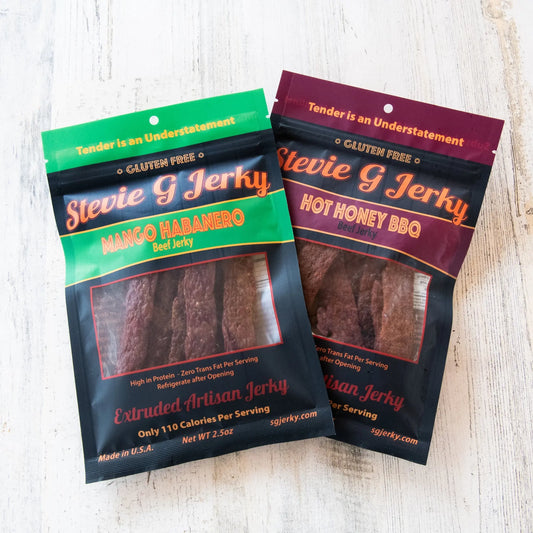 Sweet Heat 4-Pack: Hot Honey BBQ and Mango Habanero beef jerky bags