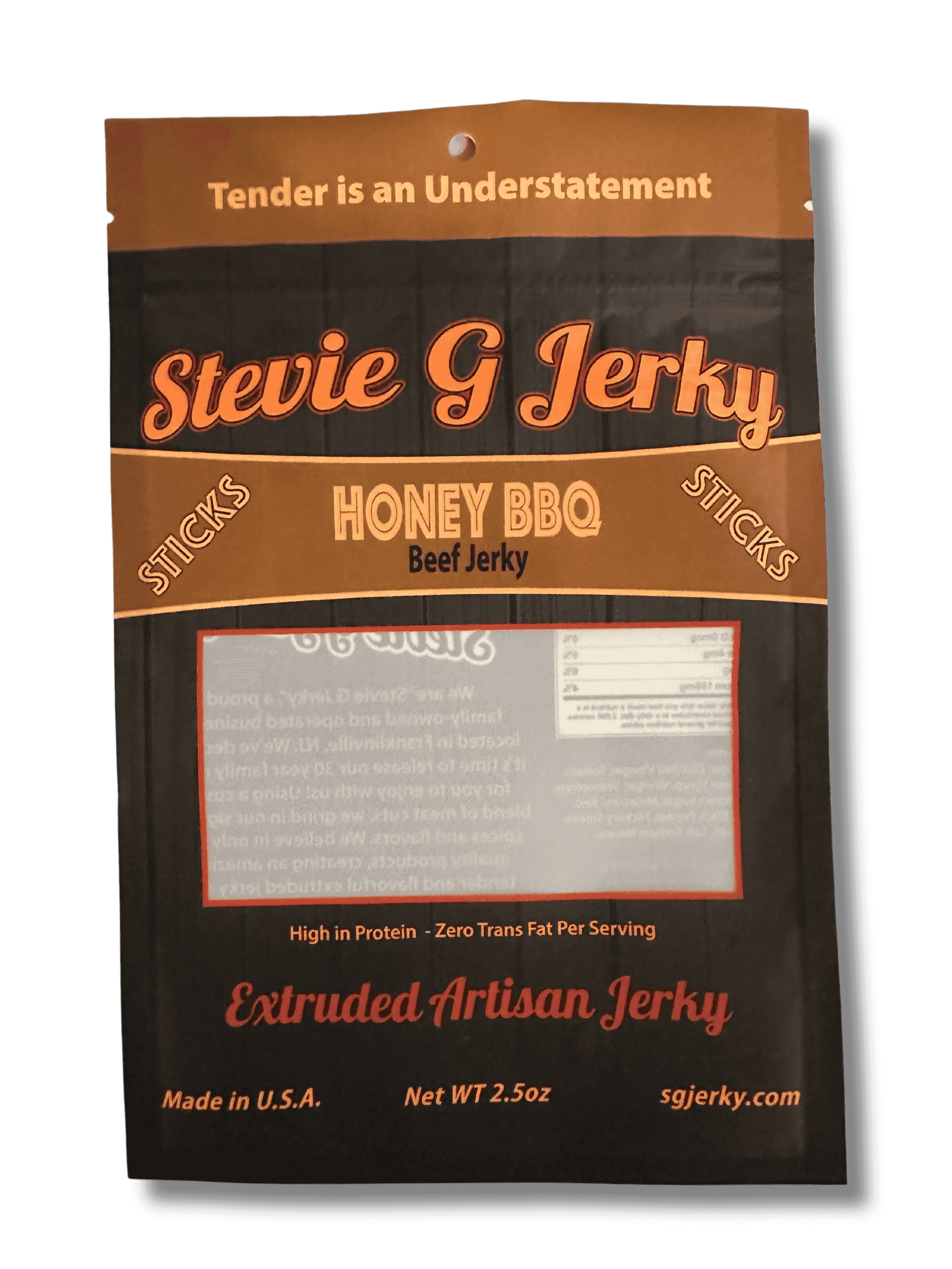 front of stevie g's beef jerky honey sticks bag