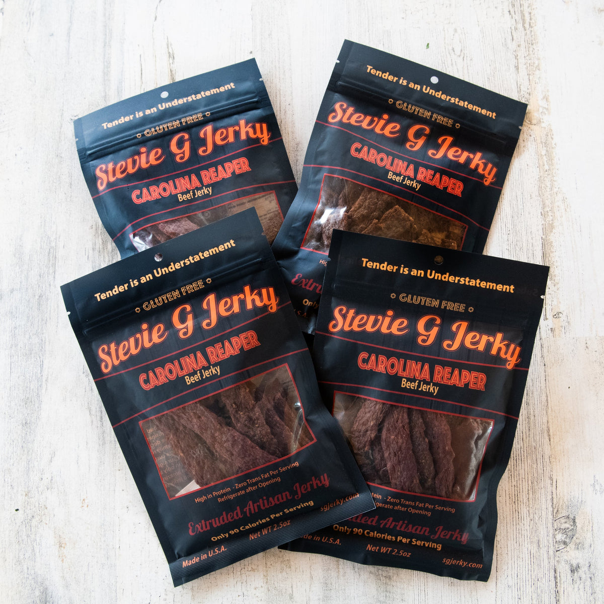 Four bags of Stevie G Carolina Reaper beef jerky