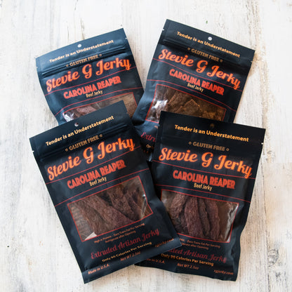 Four bags of Stevie G Carolina Reaper beef jerky