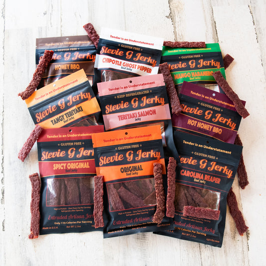 The Jerky Line-Up: every Stevie G beef jerky flavor with jerky flats