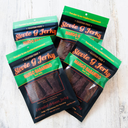 Four bags of Stevie G Mango Habanero beef jerky