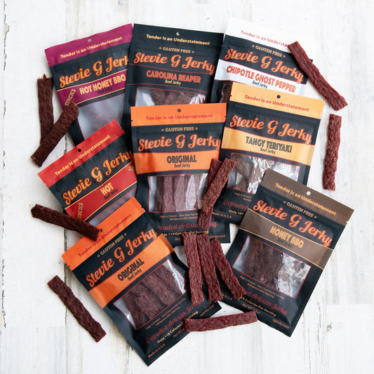 Assorted Stevie G beef jerky flavors with jerky flats, mix and match