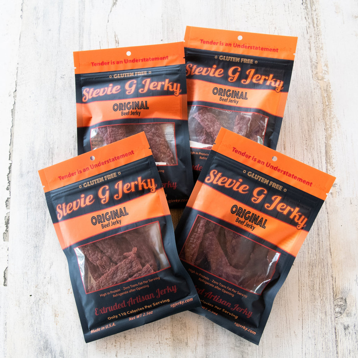 Four bags of Stevie G Original beef jerky