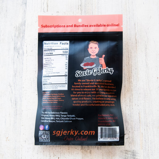 Stevie G Teriyaki Salmon Jerky bag, back with nutrition facts