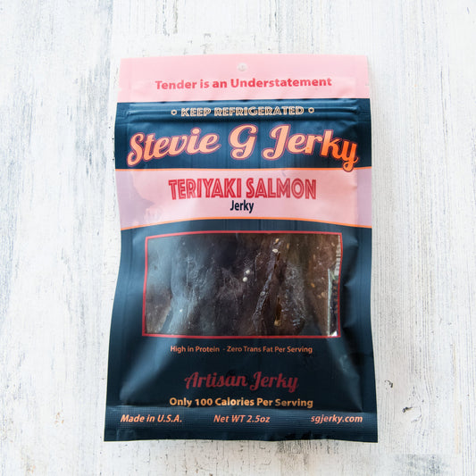 Stevie G Teriyaki Salmon Jerky bag, front