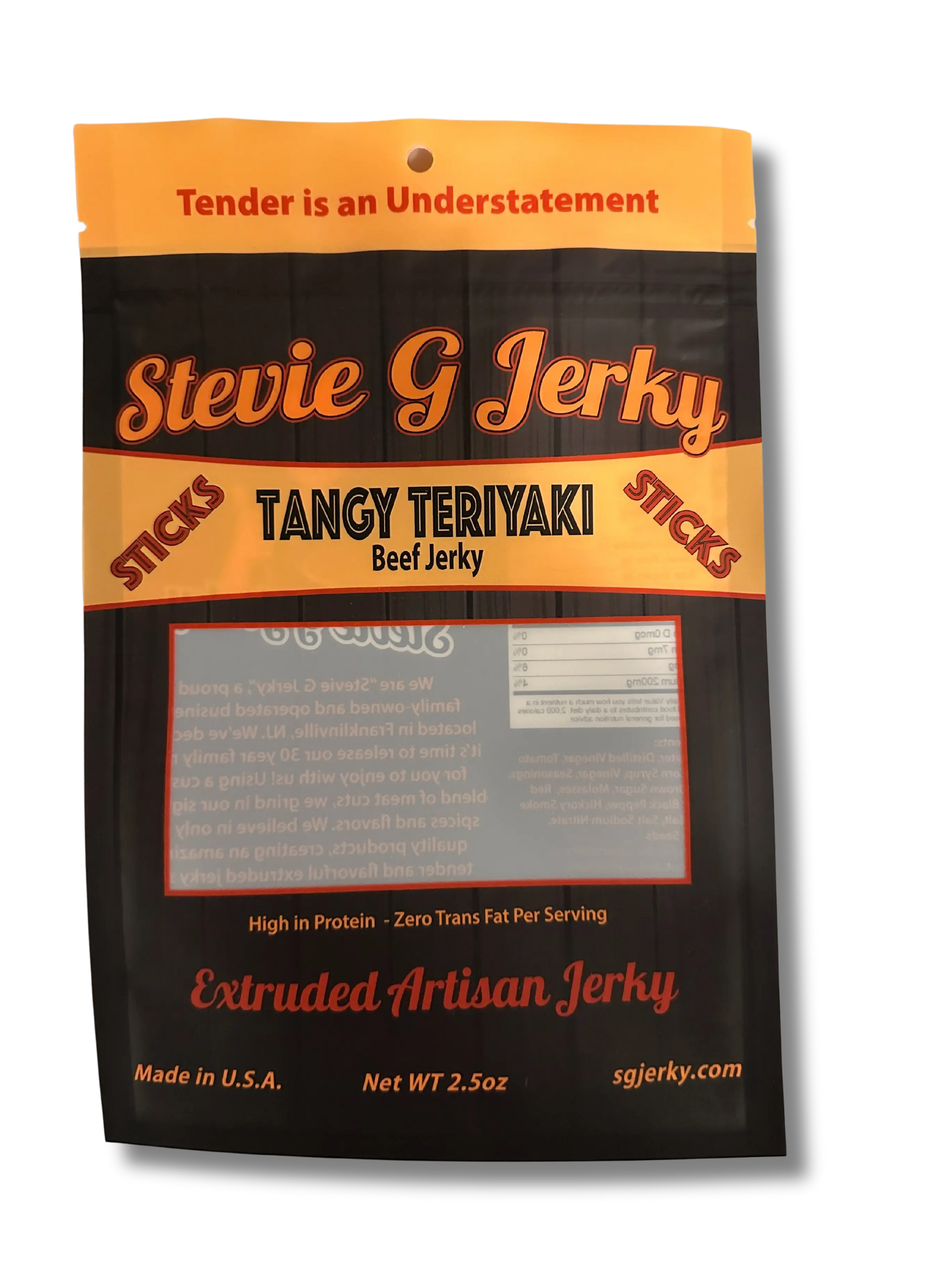 front of stevie g's beef jerky teriyaki sticks bag