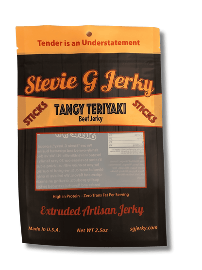 front of stevie g's beef jerky teriyaki sticks bag