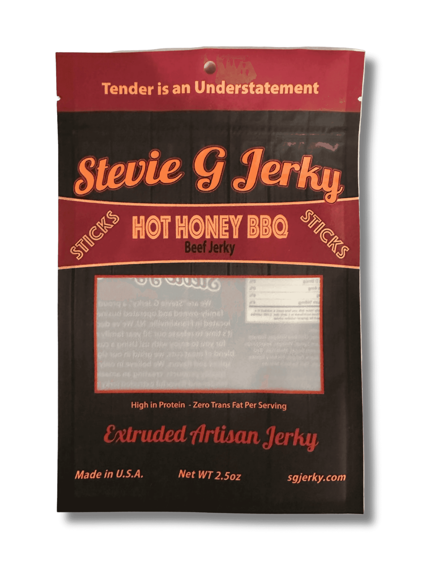 front of stevie g's beef jerky hot honey sticks bag