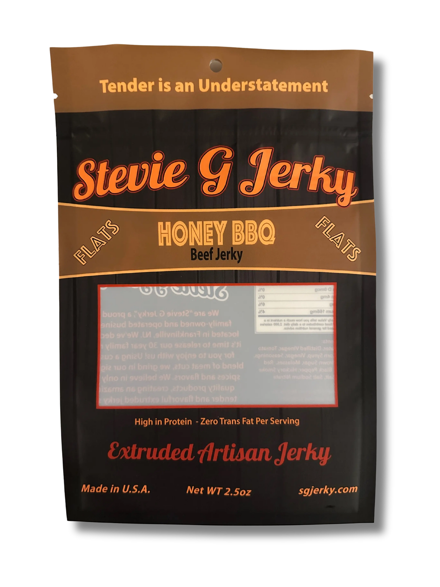 front of stevie g's honey bbq flats bag