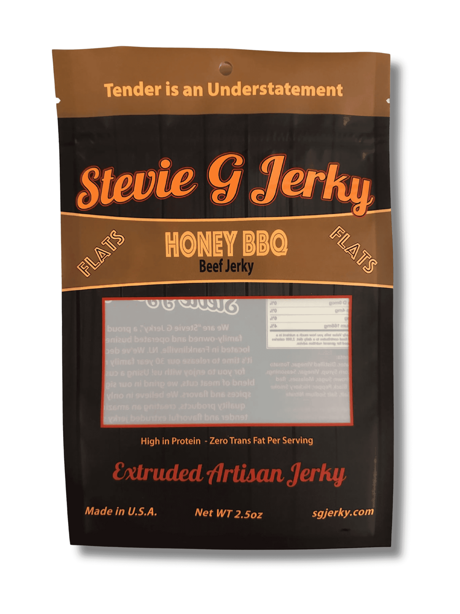 front of stevie g's honey bbq flats bag