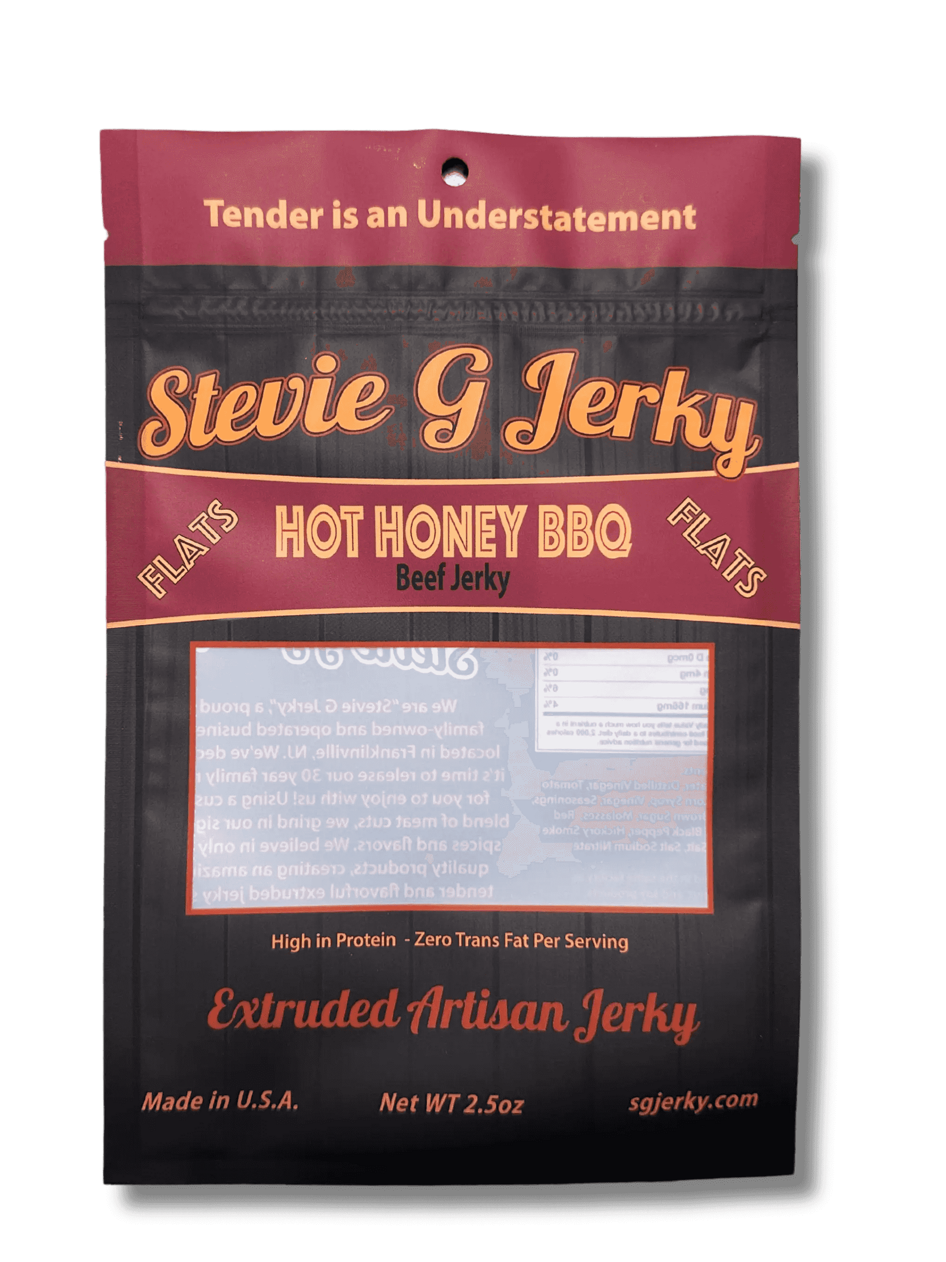 Stevie G's hot honey BBQ beef jerky packaging
