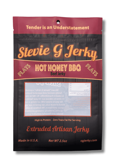 Stevie G's hot honey BBQ beef jerky packaging