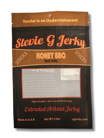 front of stevie g's beef jerky honey bbq sticks bag