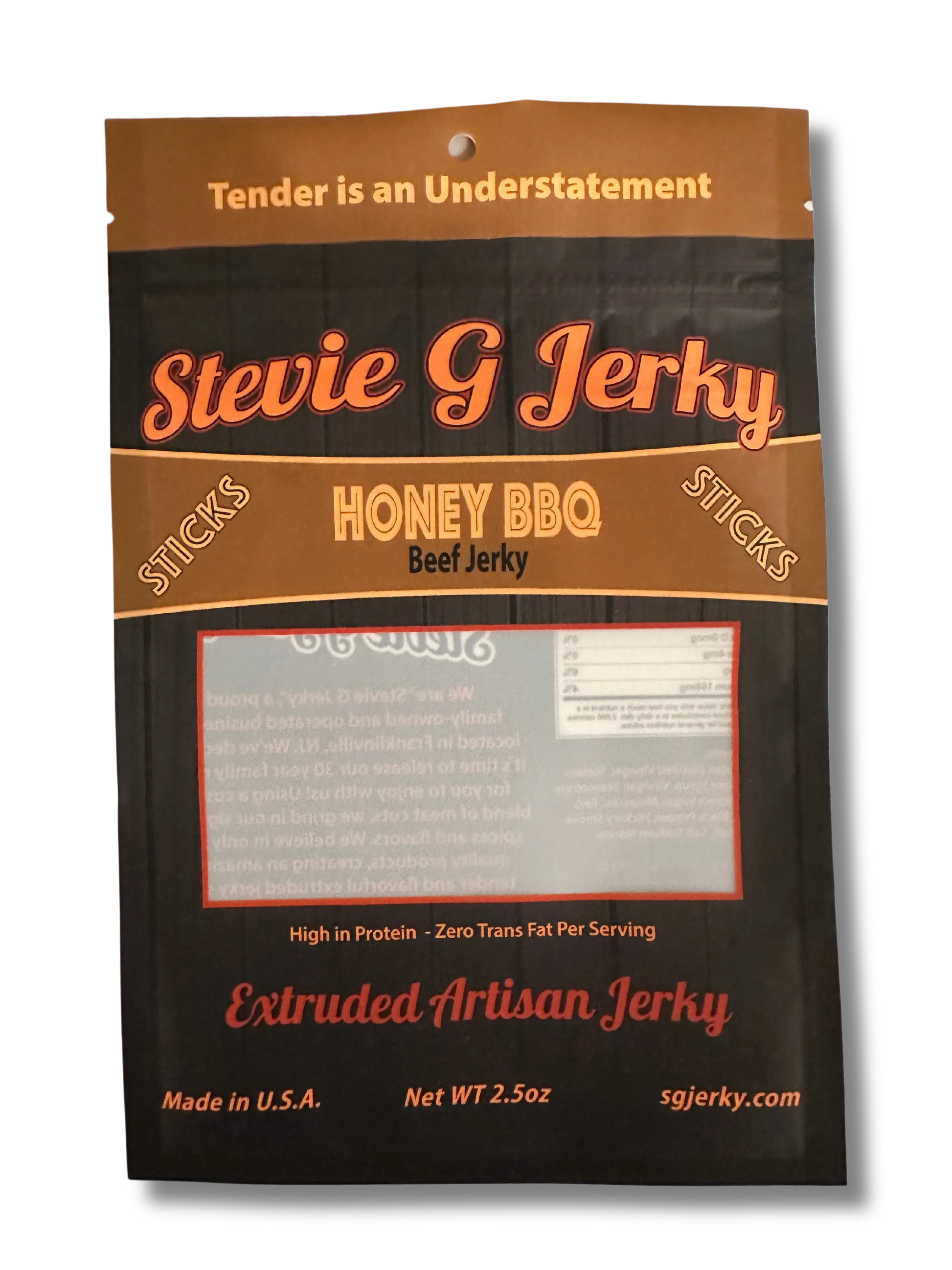 front of stevie g's beef jerky honey bbq bag