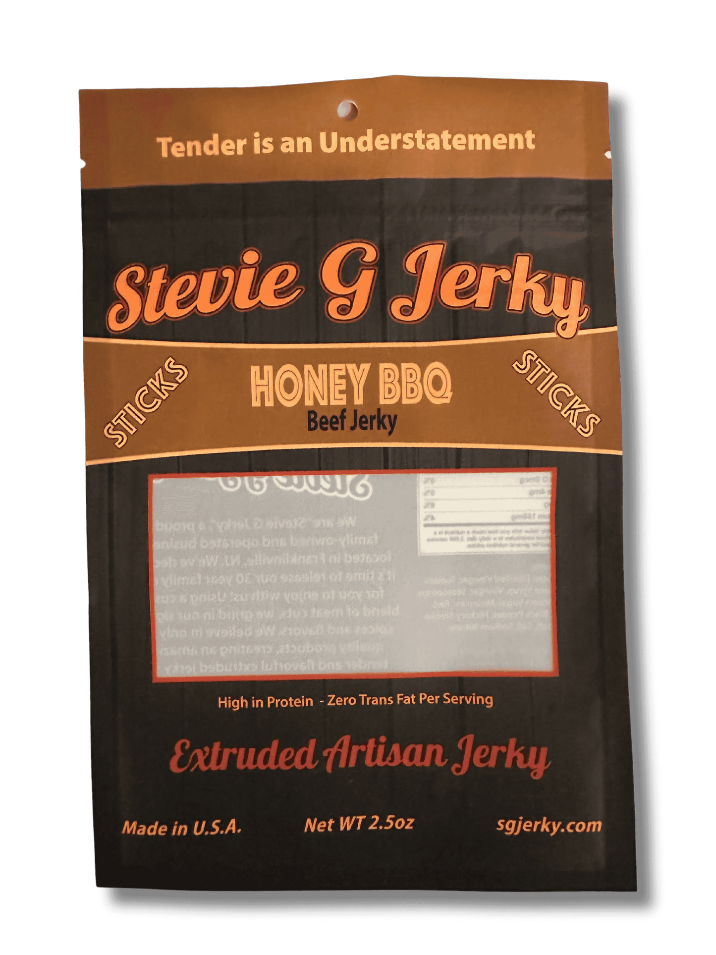 front of stevie g's beef jerky honey bbq bag